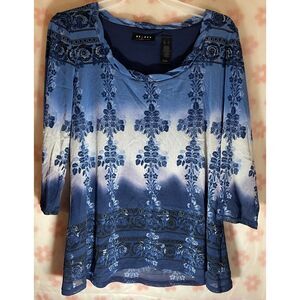 Axcess Blue & White Damask‎ Print 3/4 Sleeve Top Blouse XL Elegant Pattern